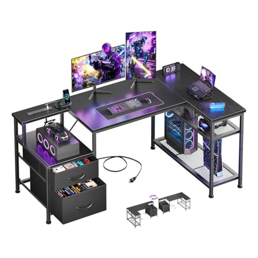Desk Setup L Shaped - โต๊ะเกมมิ่งรูปตัวแอล ขนาด 49 นิ้ว พร้อมช่องเสียบปลั๊กไฟ สีดำ
